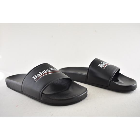 Balenciaga Black Leather Campaign Logo Slide Pool Sandal Flip Flop Flat 44 11 main image 13